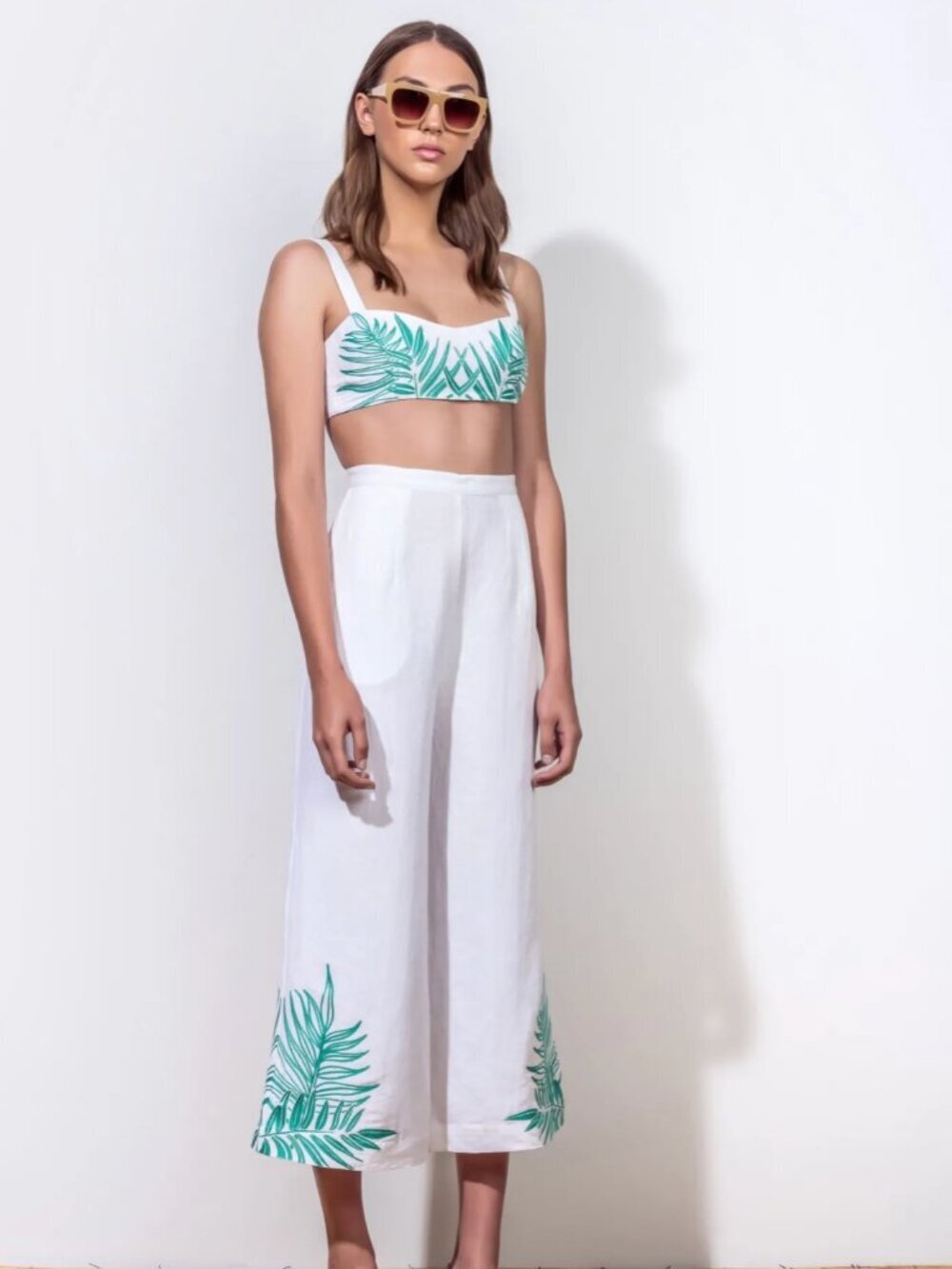 Mara Hoffman Two Piece Crop Top Culottes 4 NWT High Waist Linen Embroidery Leaf